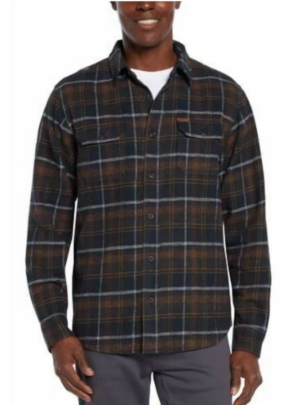 Orvis Men’s Spread Collar Flannel Shirt (Blue/Brown, Medium)